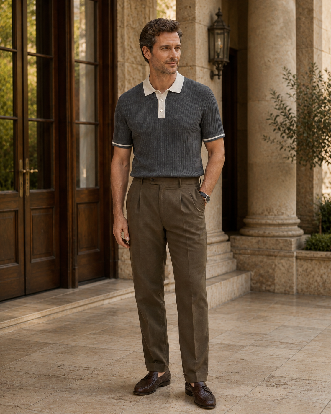 Contrast Trim Linen Knit Polo