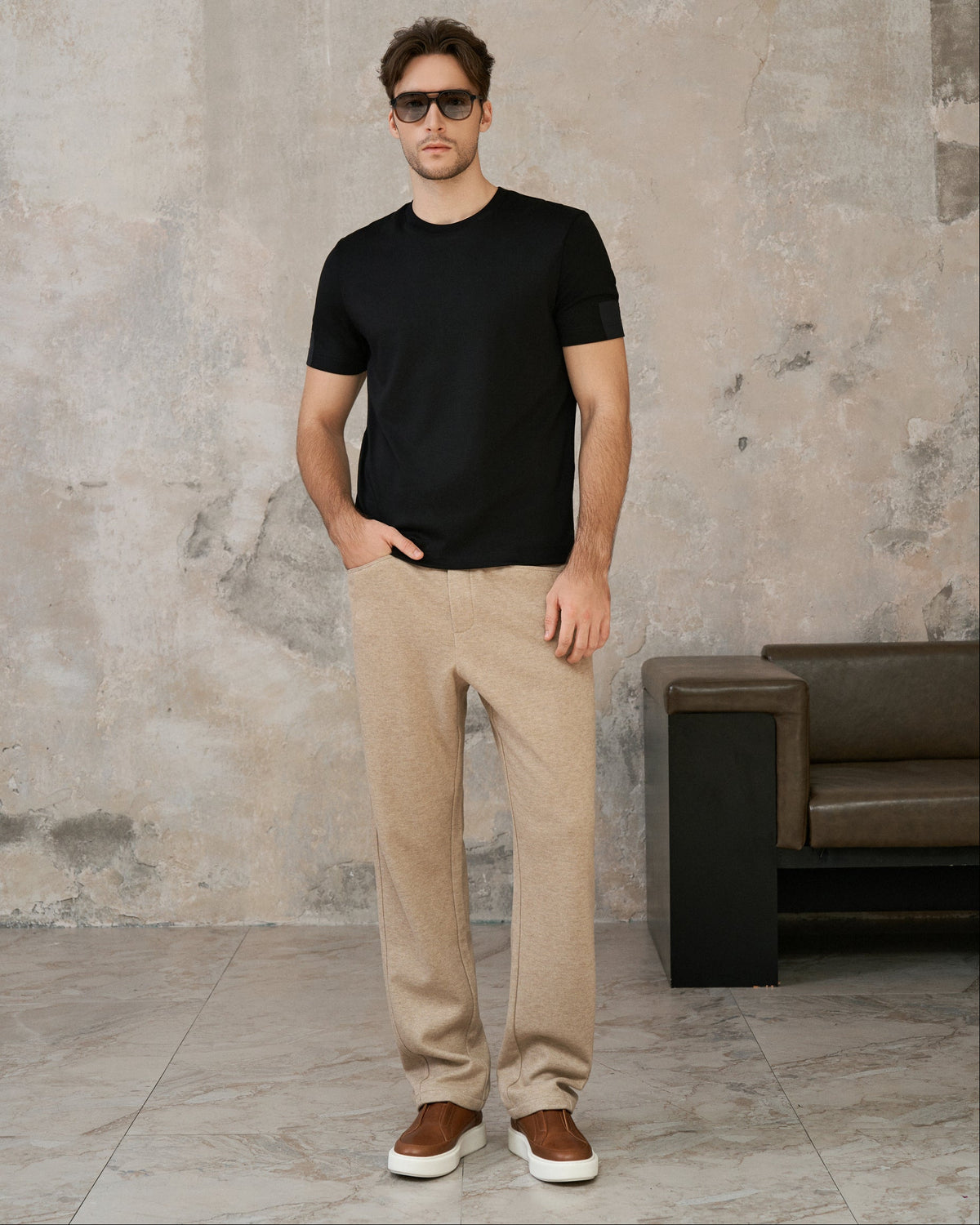 Acetate-Wool Woven Drawstring Casual Pants