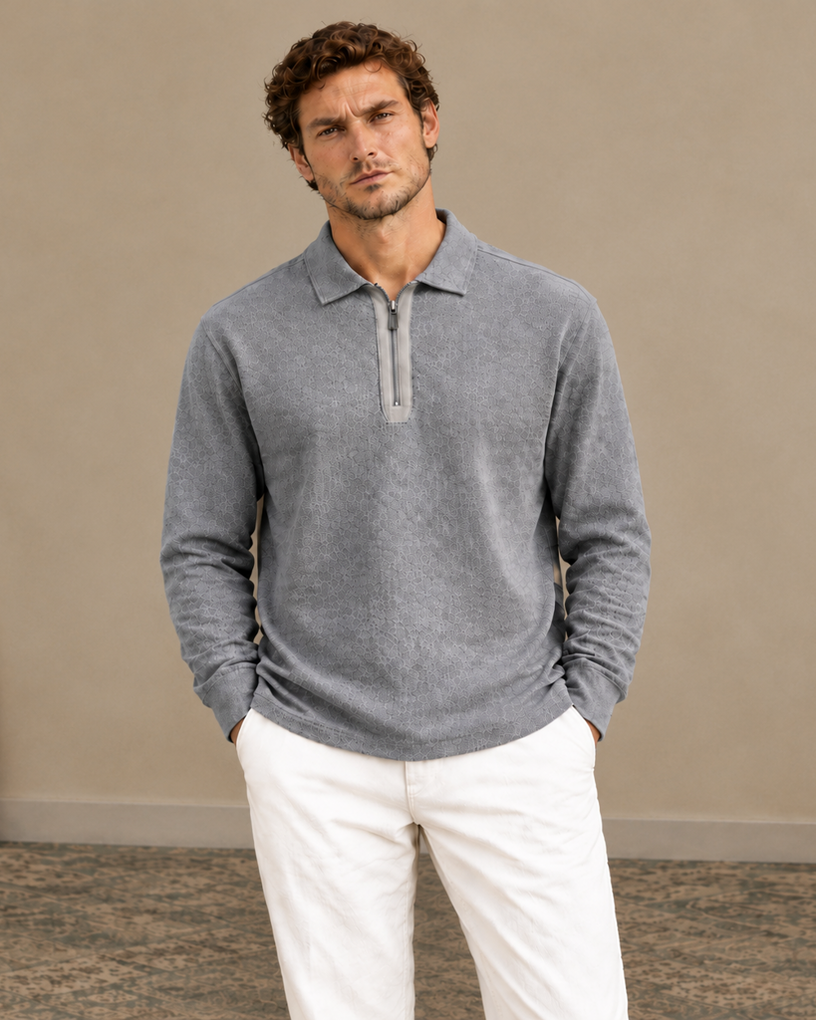 Merino Wool Custom-Knit Matte Half-Zip Long Sleeve Polo
