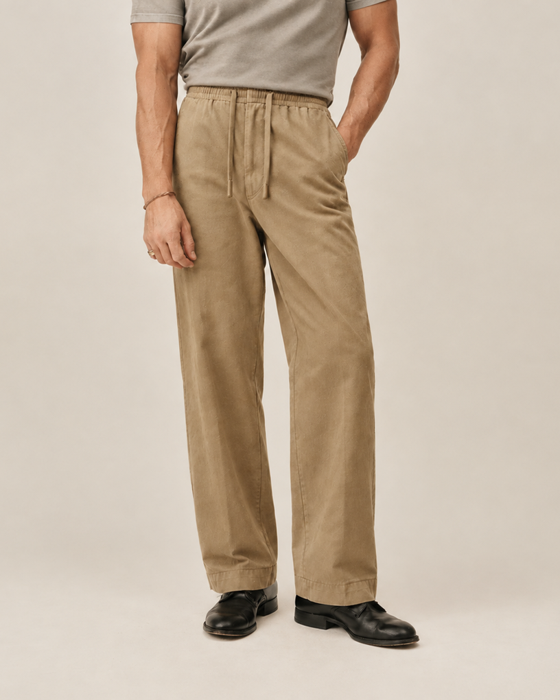 Acetate-Wool Woven Fine-Weave Casual Pants