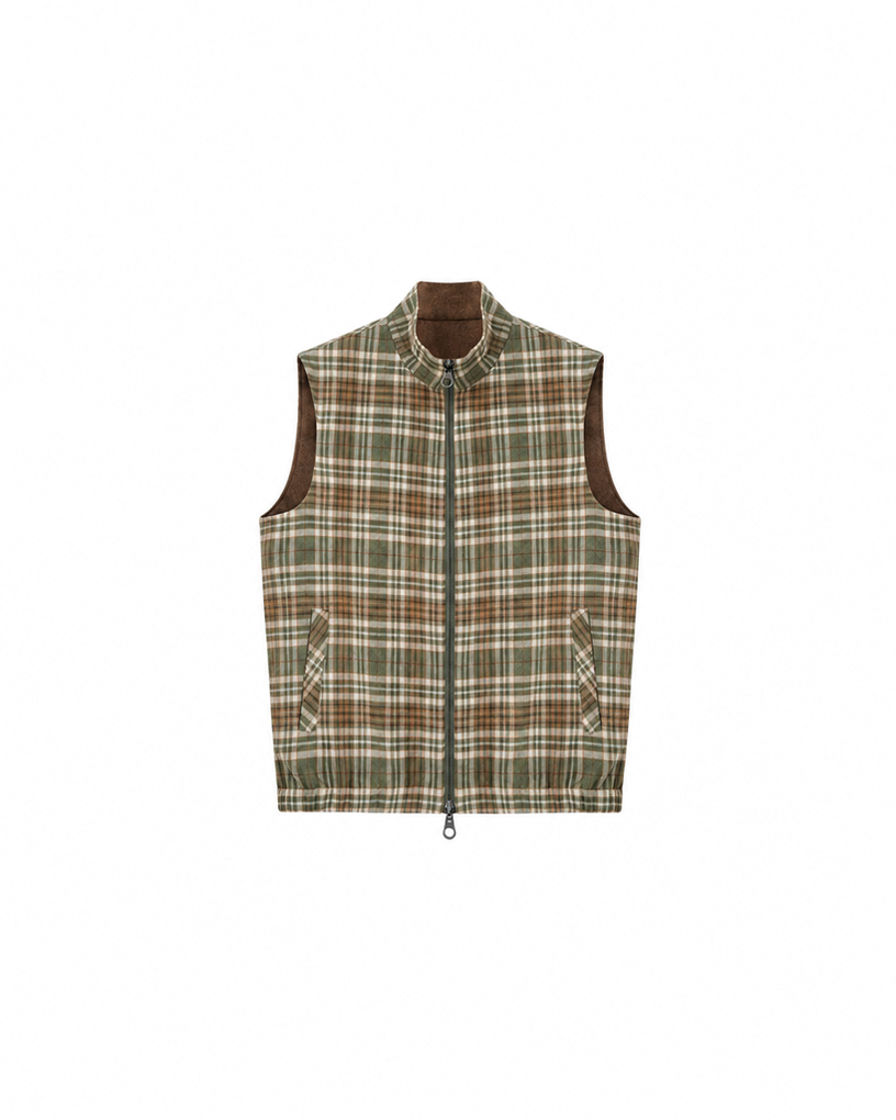 Cashmere-Wool Textured Plaid Vest – Reversible Two-Way Design
