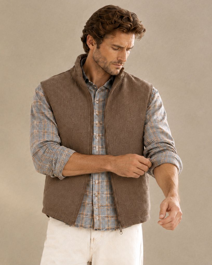 Cashmere-Wool Textured Plaid Vest – Reversible Two-Way Design