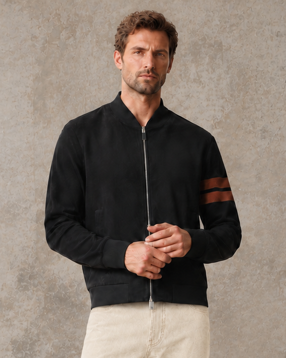 Textured Stand-Collar Bomber Jacket