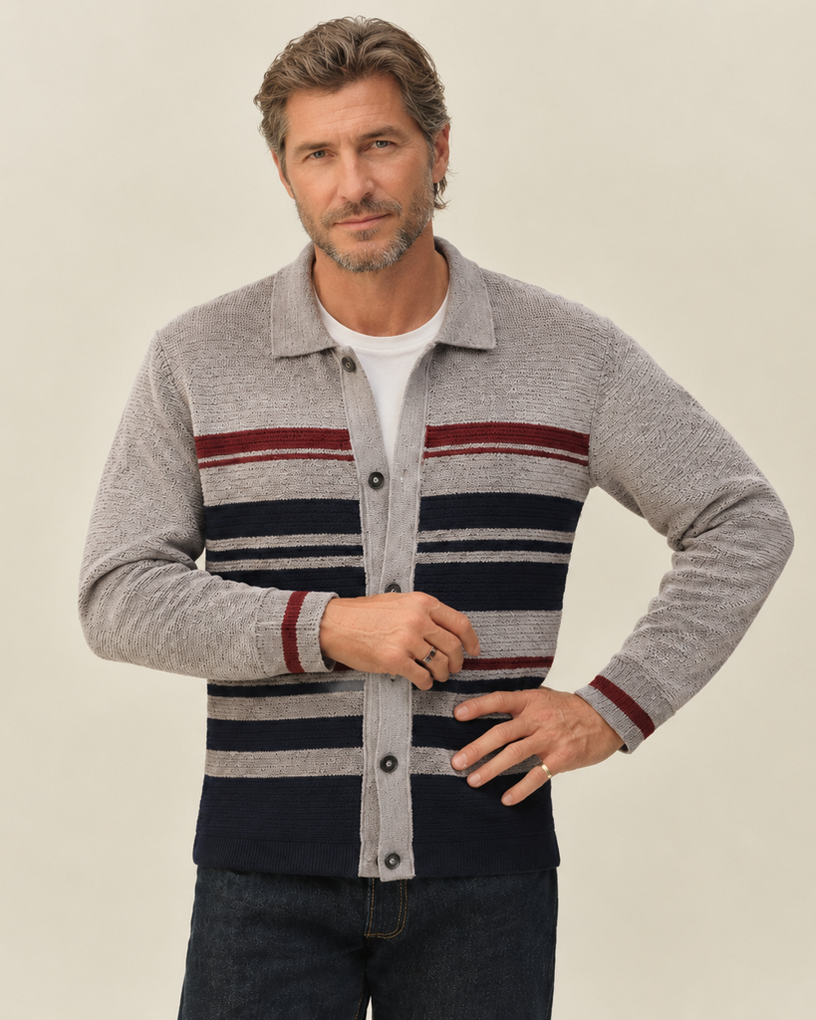 Color-Block Striped Merino Wool Textured Knit Cardigan
