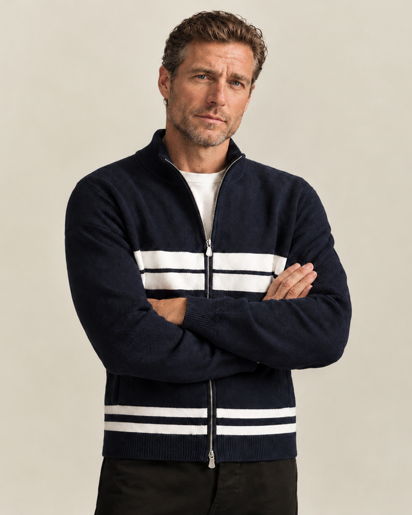Wool Double-Ply Chunky Knit Striped Zip-Up Cardigan