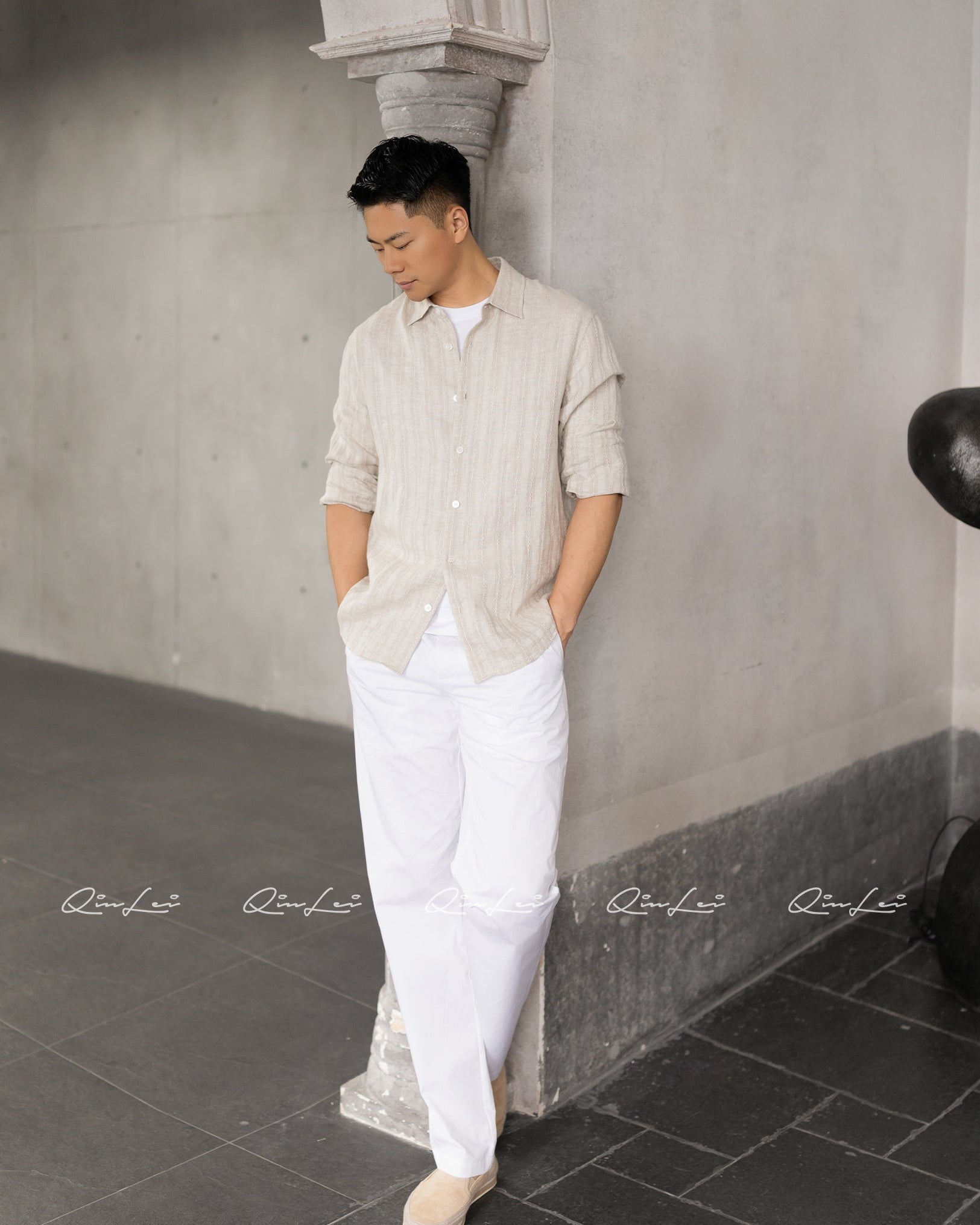 Openwork Striped Linen Shirt