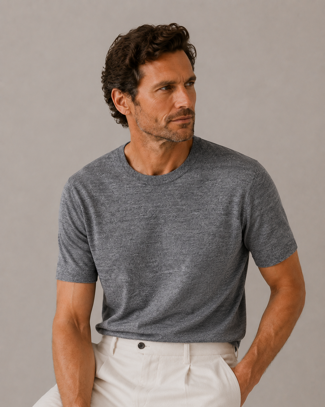 Mélange Wool Linen Knit T-Shirt