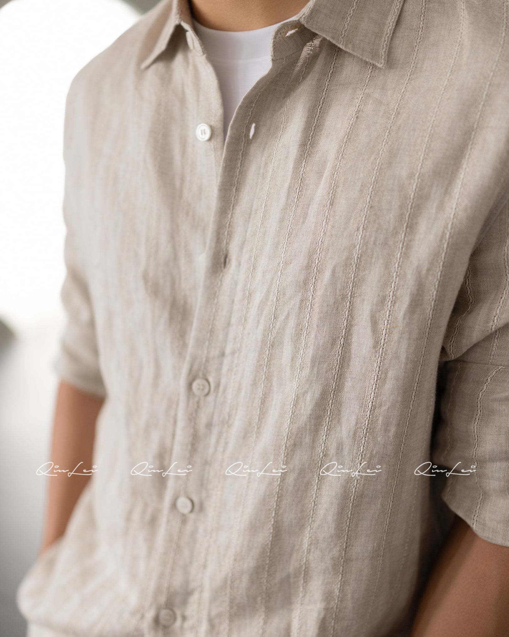 Openwork Striped Linen Shirt