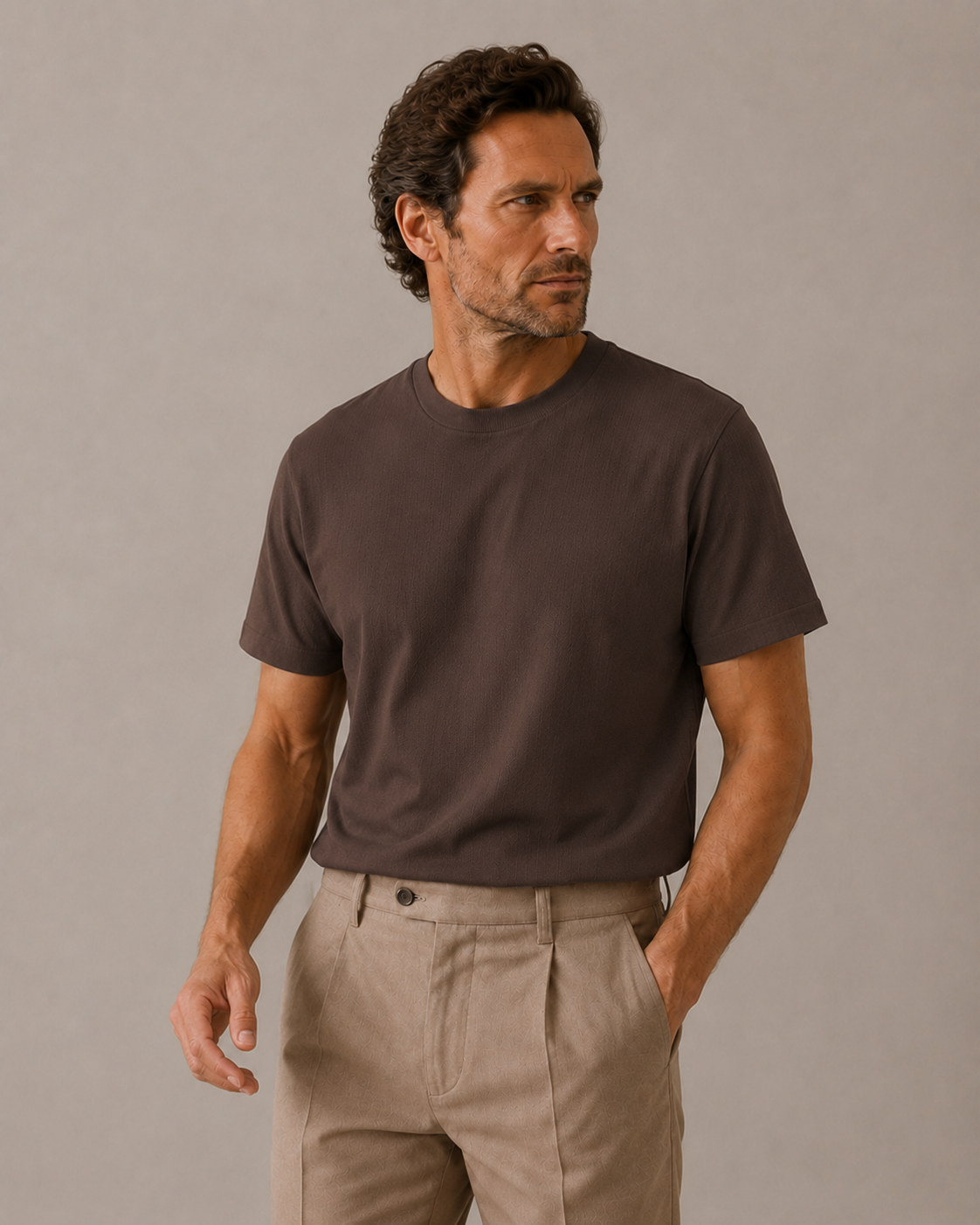 Vertical Stripe Textured Silk Knit T-Shirt