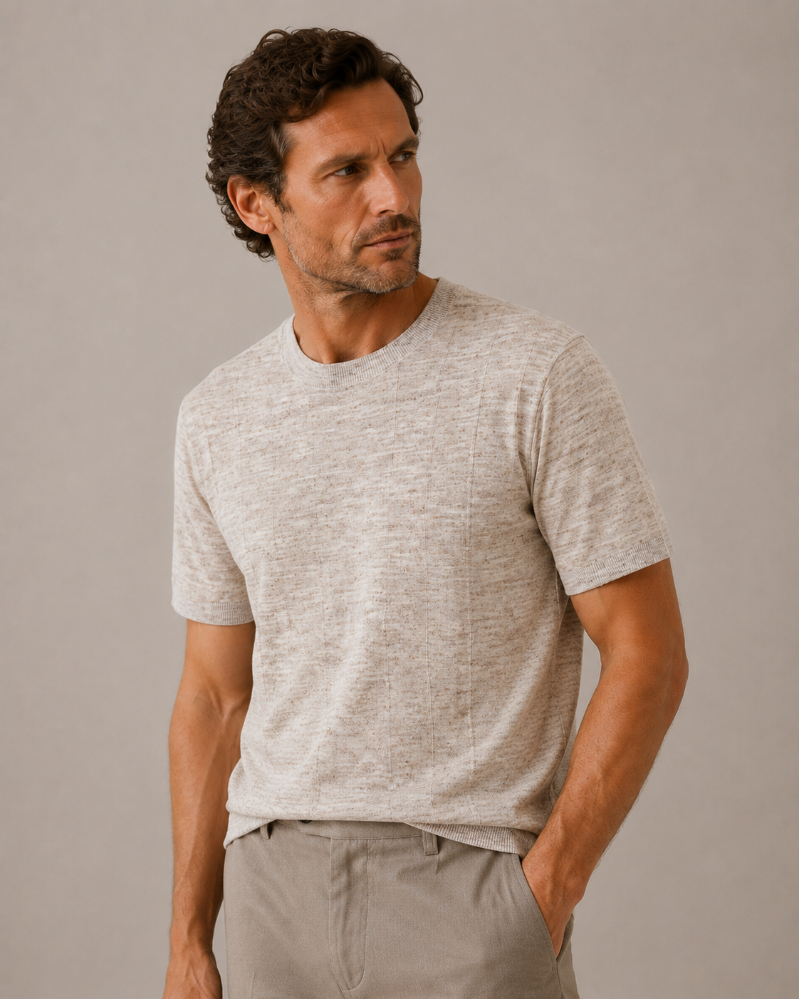 Vertical Stripe Linen Knit T-Shirt