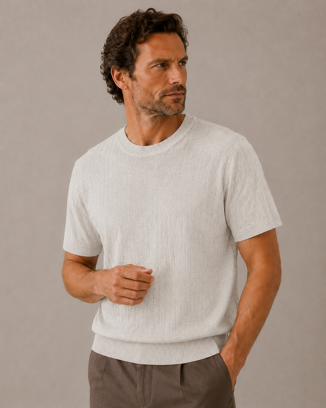 Ribbed Linen Blend Knit T-Shirt