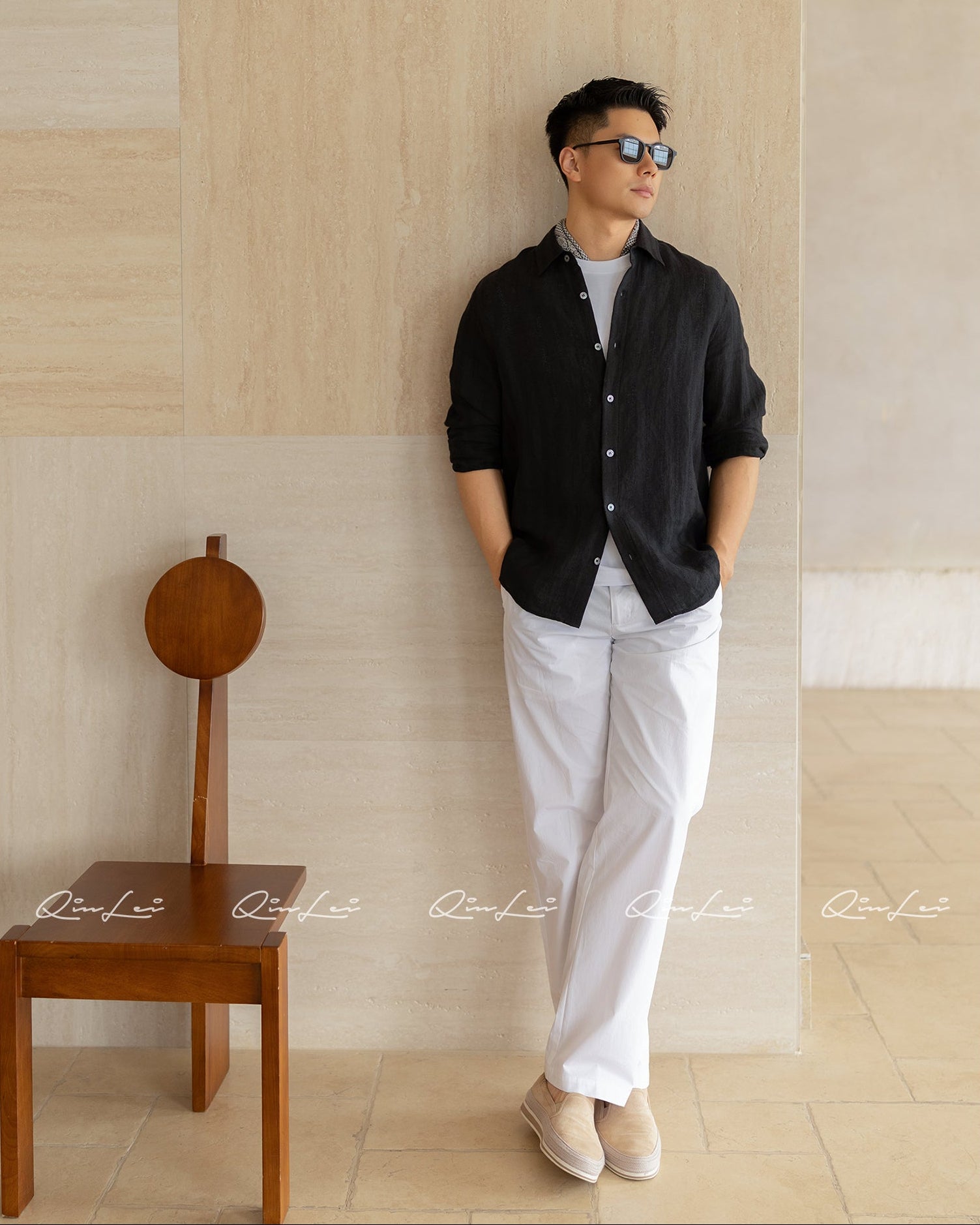 Openwork Striped Linen Shirt