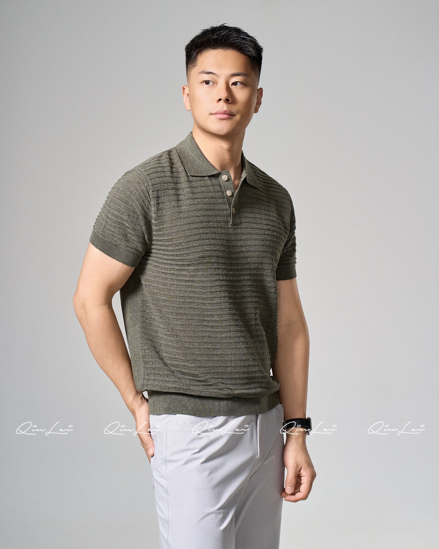 Open Knit Linen Polo T-Shirt