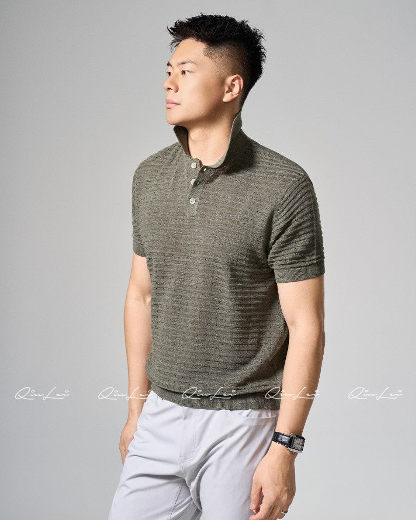 Open Knit Linen Polo T-Shirt