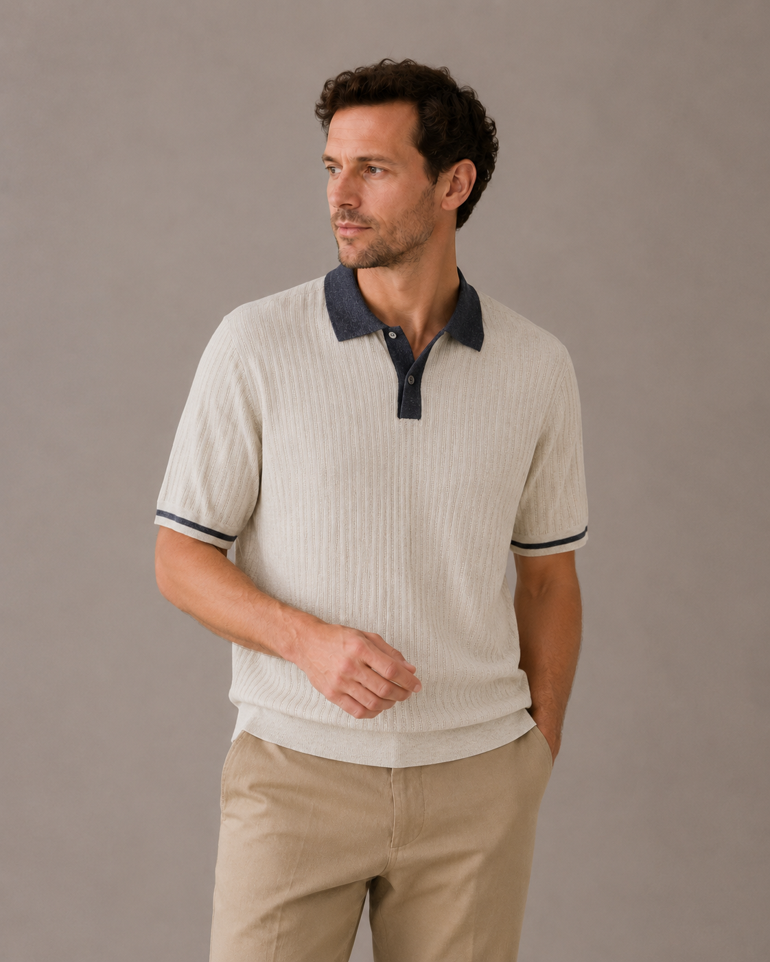 Contrast Trim Linen Knit Polo
