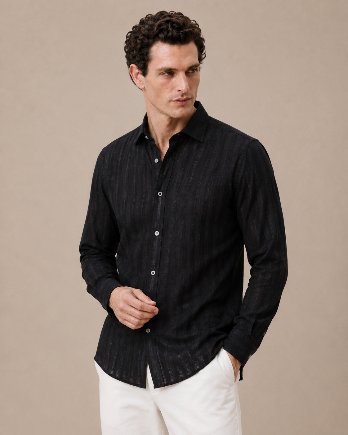 Openwork Striped Linen Shirt