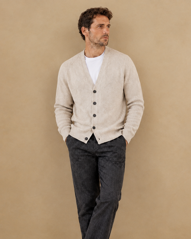 7-Gauge Pique Knit Sheep Wool V-Neck Cardigan