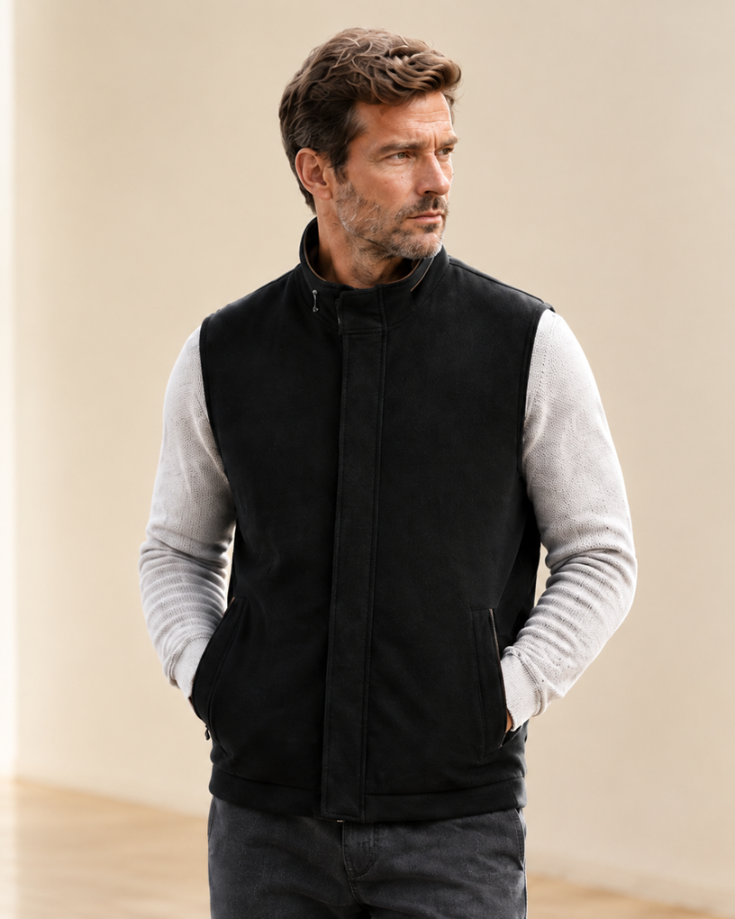 Genuine Leather Trimmed Wool Vest