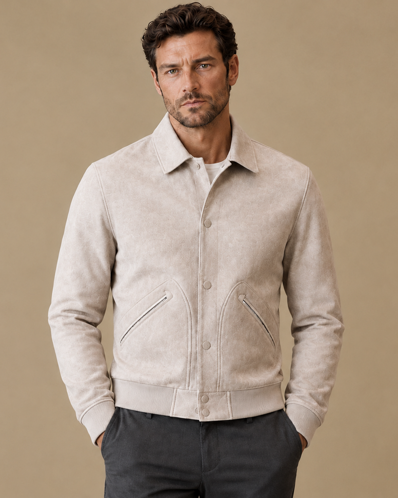 Soft Litchi-Grain Sheepskin Leather Bomber Jacket