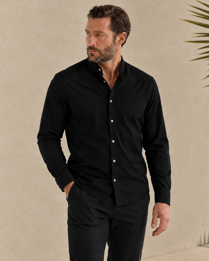 Stand Collar Cotton Long Sleeve Shirt