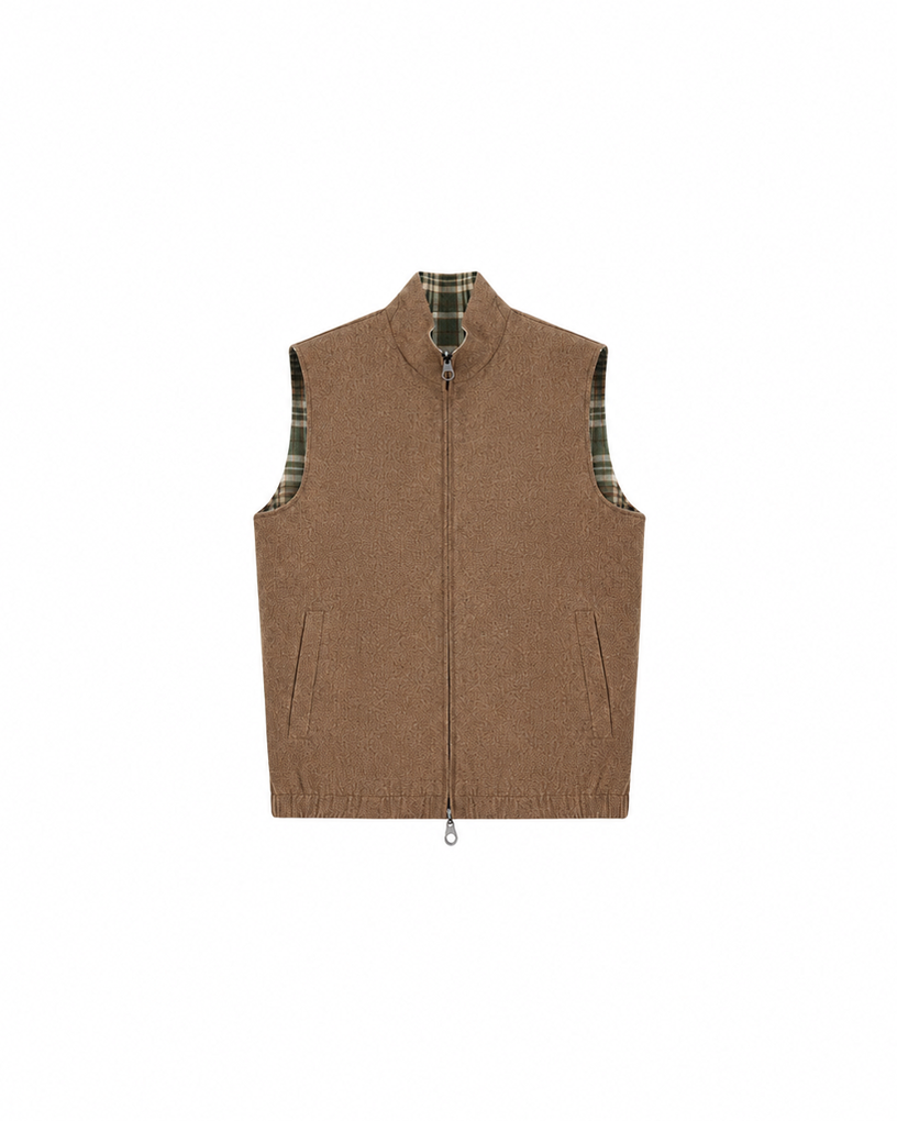 Cashmere-Wool Textured Plaid Vest – Reversible Two-Way Design