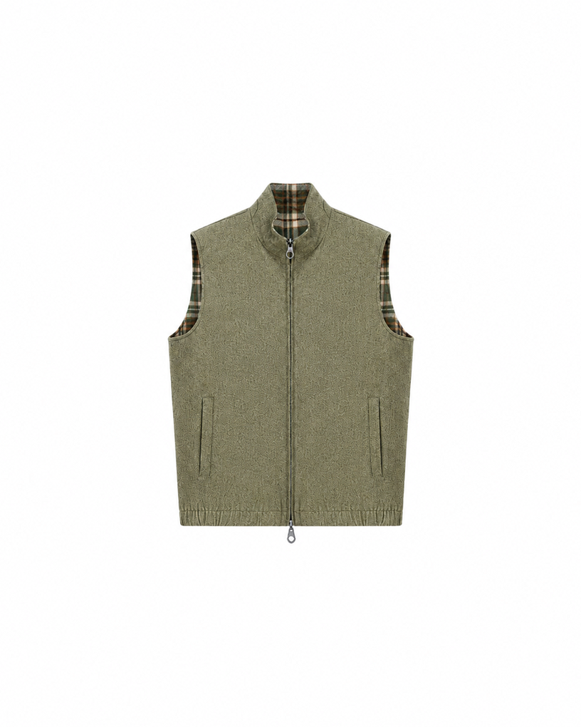 Cashmere-Wool Textured Plaid Vest – Reversible Two-Way Design