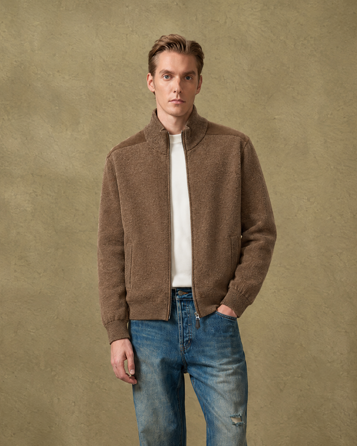 Wool And Suede Shoulder Panel Knit Jacket