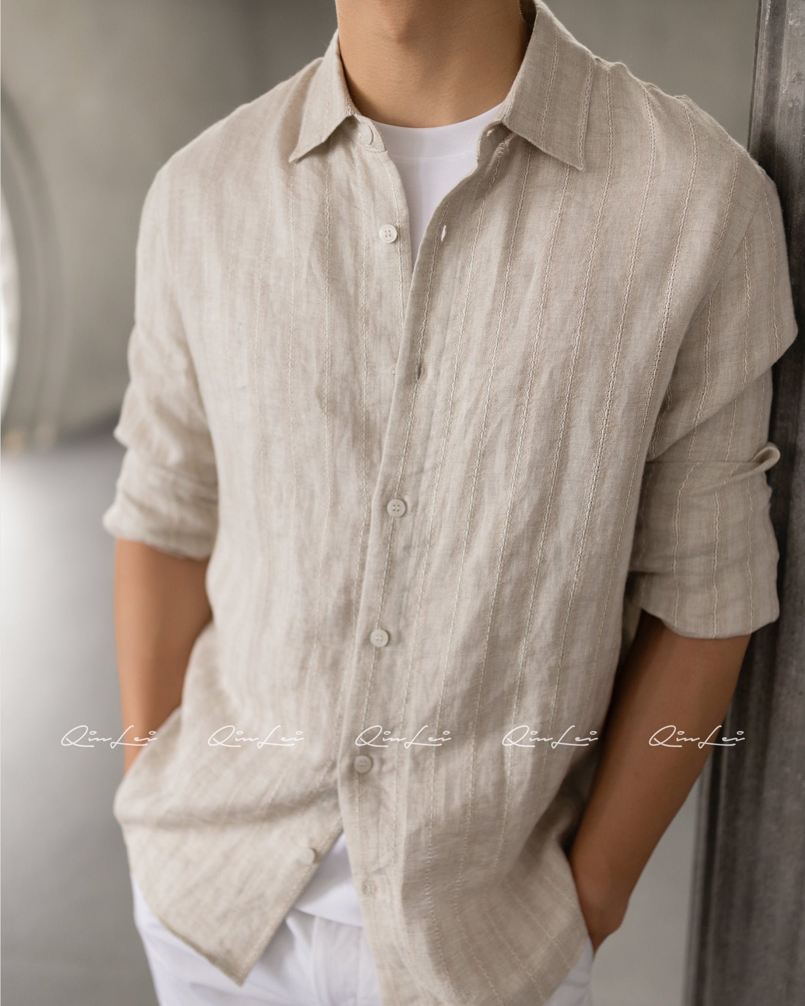 Openwork Striped Linen Shirt