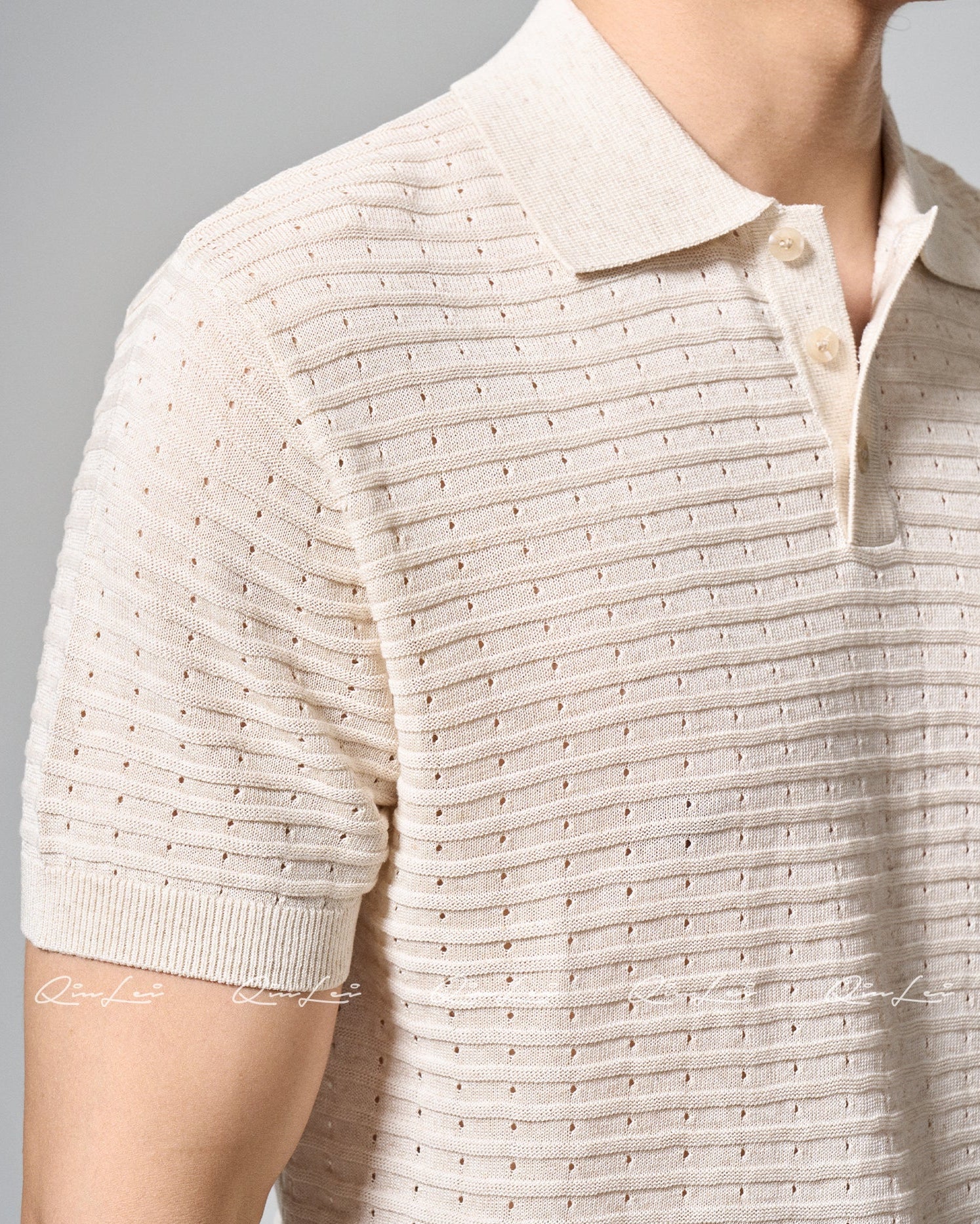 Open Knit Linen Polo T-Shirt