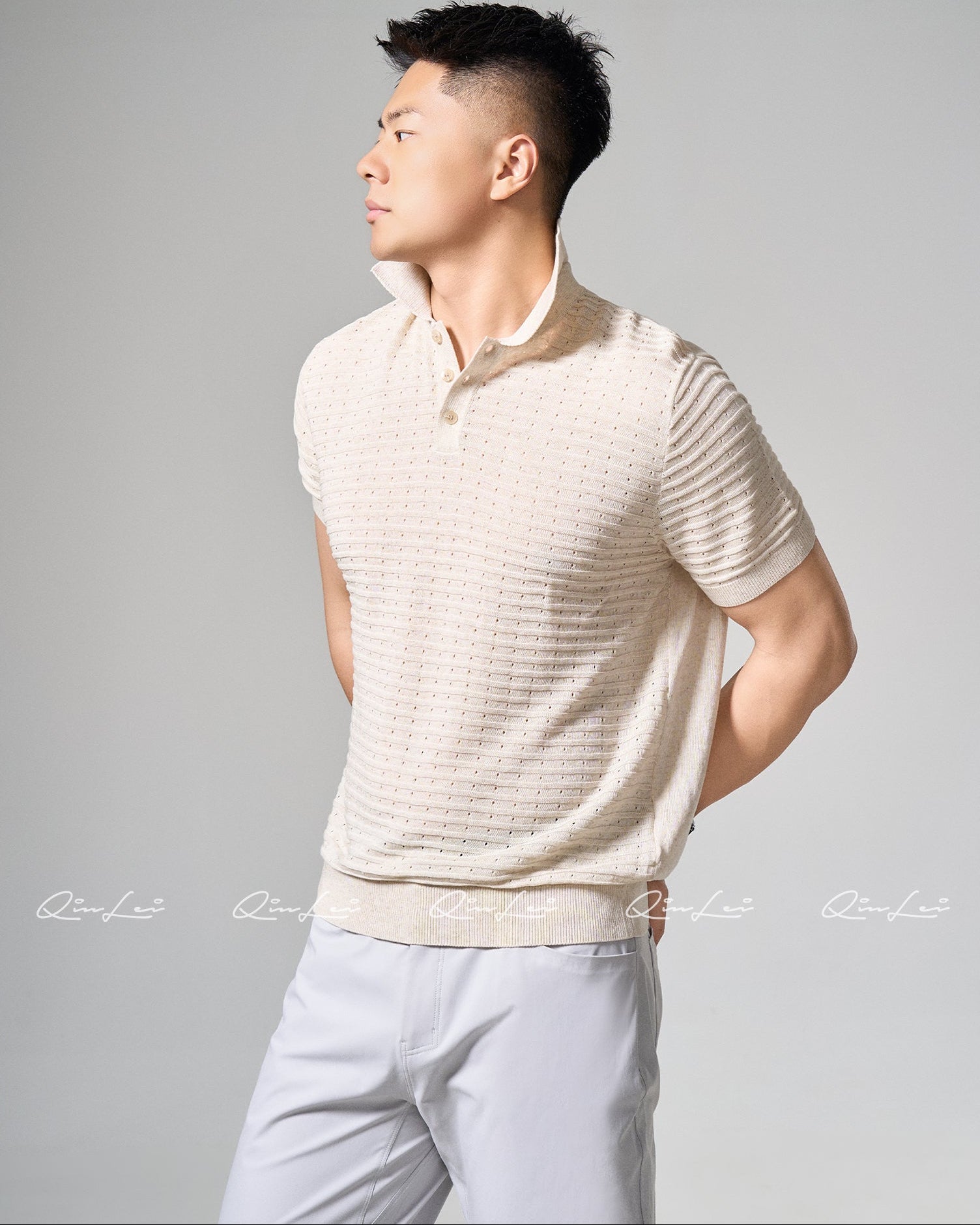 Open Knit Linen Polo T-Shirt
