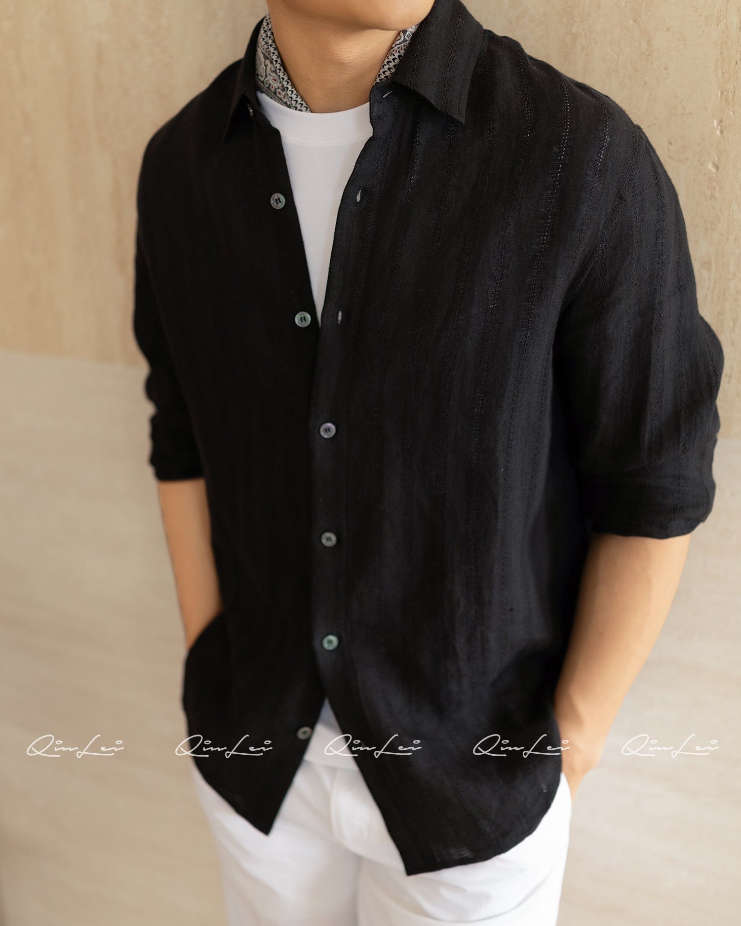 Openwork Striped Linen Shirt